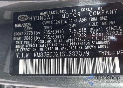 2025 Hyundai Tucson Plug-In Hybrid Sel from USA, damaged, VIN KM8JBDD21SU337379
